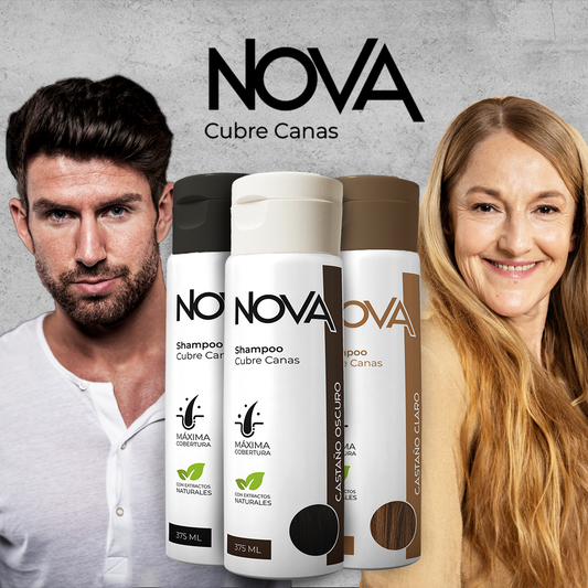 NOVEDOSO Shampoo Elimina CANAS NOVA® Con tecnologia Alpha.